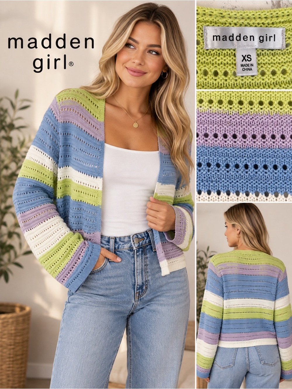 Madden Girl Cropped Open-Front Cardigan in Blue, Green, Lavender, White
